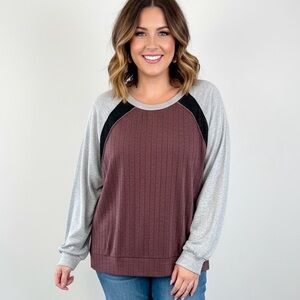 Sugarfox Boutique Colorblock Long Sleeve Top - Gray, Black, and Burgundy